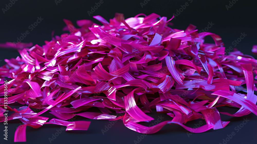 Poster pile of thinly sliced red decorative strips creating vibrant abstract pattern