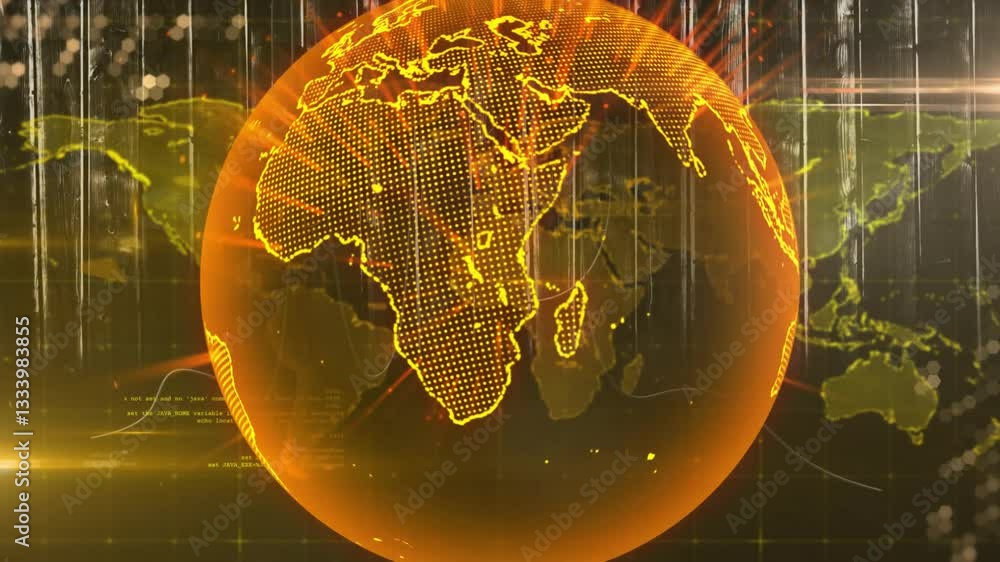 Poster digital globe with glowing continents processing data in animated display