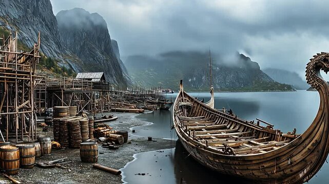 Viking Ship and Settlement Enveloped by the Serene and Tranquil Waters