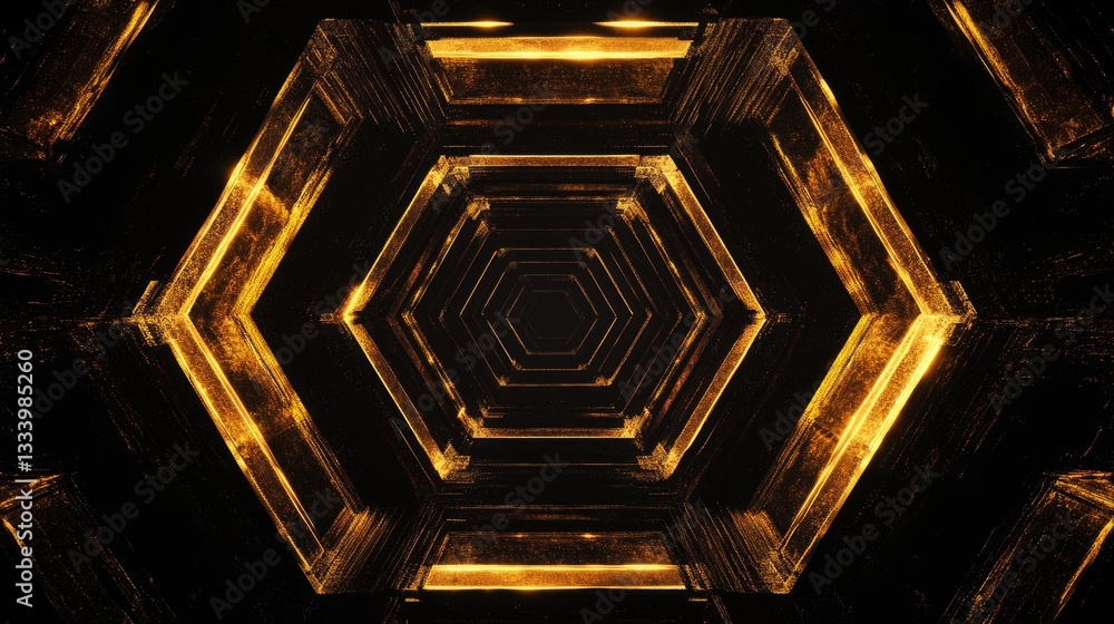 Poster abstract geometric design featuring hexagonal shapes and glowing golden patterns in dark background,