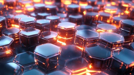 Obraz premium High-Tech Abstract Background with Glowing Honeycomb Pattern and Reflections in Futuristic Style