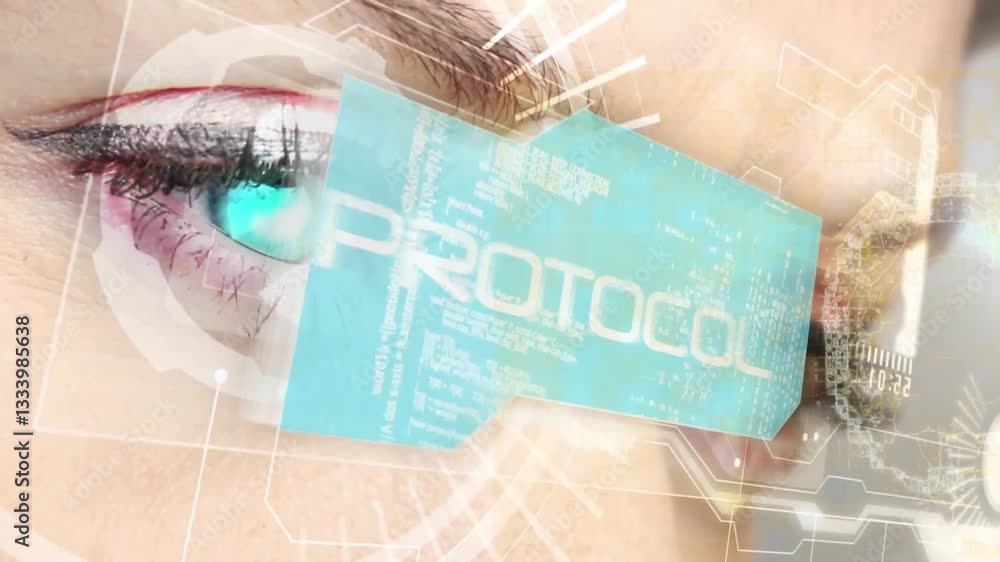 Aufkleber animation of digital interface overlaying human eye with protocol text in focus