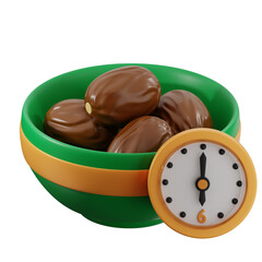 Bowl of dates with a clock, perfect for illustrating iftar during ramadan