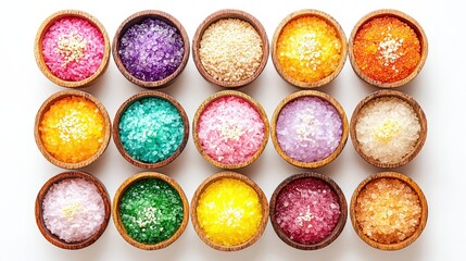 A colorful assortment of sugars displayed on a white surface to enhance culinary creations and sweet dishes