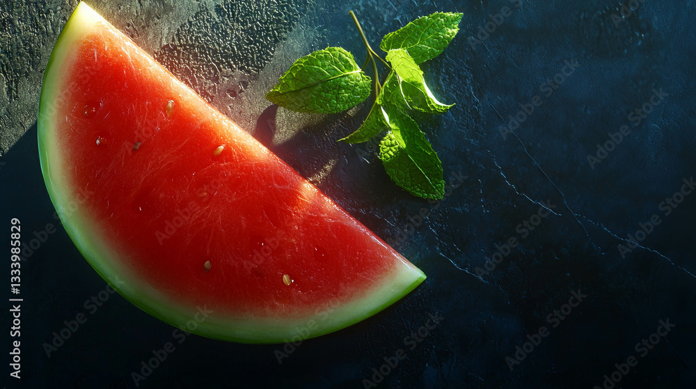 Poster refreshing summer vibes with a slice of watermelon and mint leaves on dark slate background