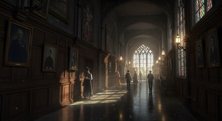 Fototapeta premium People Walking Through Grand Hallway with Portrait Paintings and Stained Glass