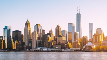 Obraz premium The image captures a panoramic city skyline during golden hour, featuring skyscrapers, high-rise buildings, and iconic towers. The urban ambiance is majestic, reflecting the vibrant energy of a bustli