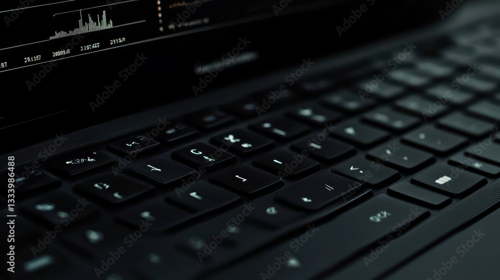 Poster a close up image showing a laptop computer keyboard