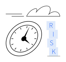 Analog clock with motion trails, cloud, and RISK blocks highlighting urgency, prioritization, and decision-making. Ideal for business strategy, deadlines, risk analysis, productivity focus time