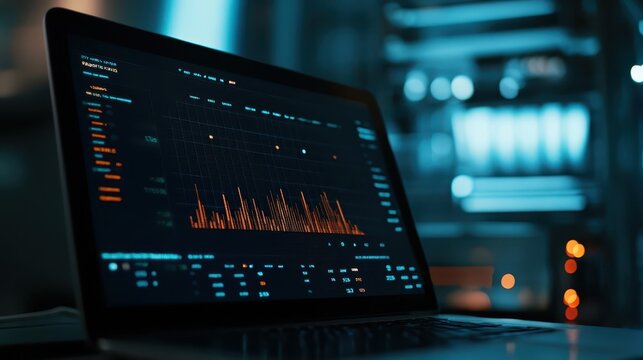 A laptop displays data analysis graphs in a dark environment
