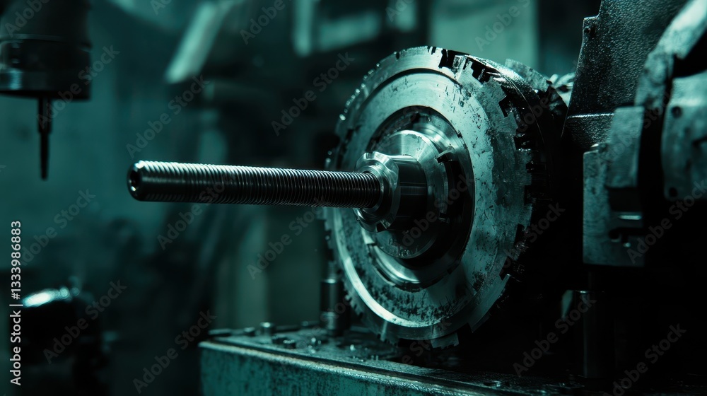 Poster a close up of machinery component with threading on the rod