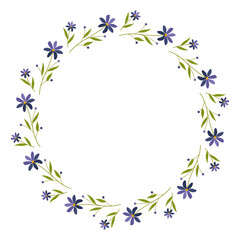 Beautiful round frame with wildflowers. Simple flat style. Bright illustration for card, invitation card for wedding, birthday and other holiday and cute spring background.Vector illustration.