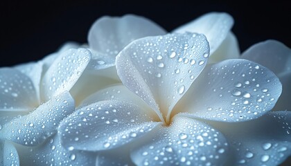 Fototapeta premium Delicate white plumeria petals captured in stunning detail against a stark black void, showcasing the beauty of nature in a macro plant background.