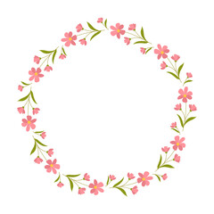 Beautiful round frame with wildflowers. Simple flat style. Bright illustration for card, invitation card for wedding, birthday and other holiday and cute spring background.Vector illustration.