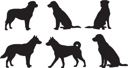 Dog silhouette vector icon set. Dog in various poses, activities like jumping, sitting, happy playful running, playing, standing. Animals and home pets, puppy vector icon, simple vector illustration.