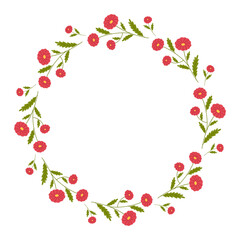 Beautiful round frame with wildflowers. Simple flat style. Bright illustration for card, invitation card for wedding, birthday and other holiday and cute spring background.Vector illustration.