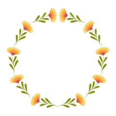 Beautiful round frame with wildflowers. Simple flat style. Bright illustration for card, invitation card for wedding, birthday and other holiday and cute spring background.Vector illustration.
