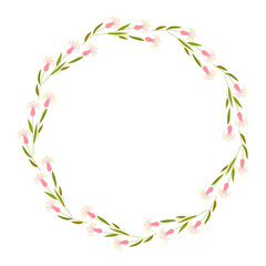 Obraz premium Beautiful round frame with wildflowers. Simple flat style. Bright illustration for card, invitation card for wedding, birthday and other holiday and cute spring background.Vector illustration.