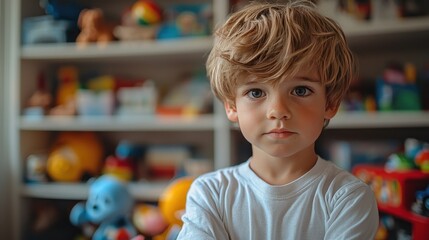 Fototapeta premium Toddler boy posing in toy-filled room