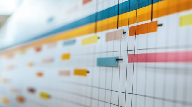 A close-up view of a colorful project management timeline, highlighting various tasks and durations with vibrant bars and clear markings.
