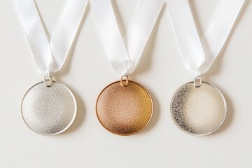 Blank Award Medals Gold, Silver, Bronze on White Ribbons
