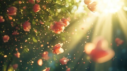 Ethereal Blossoms in Soft Light with Sun Rays and Floating Petals Creating a Dreamy Floral Atmosphere
