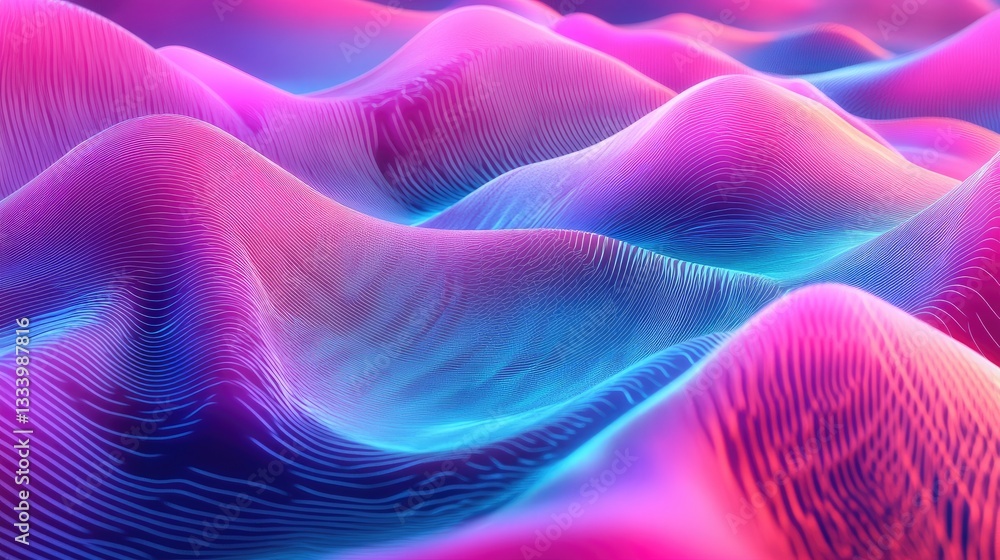 Poster vibrant abstract landscape of wavy patterns in neon colors with soft gradients and curved surfaces