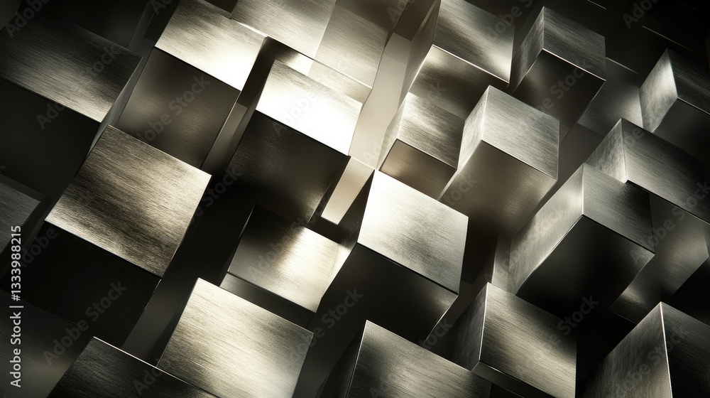 Poster metallic cubes in geometric arrangement with soft lighting and shiny surface for abstract background