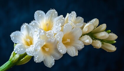 Delicate white tuberose cluster glistening with dew on dark velvet background, showcasing intricate details in a mesmerizing macro plant background.