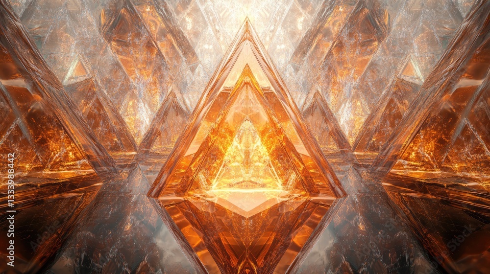 Aufkleber stunning geometric abstract art with golden and amber tones in intricate pattern of triangles and re