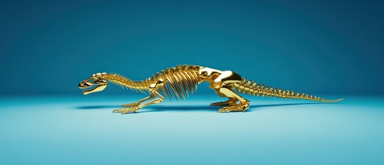 Obraz premium Golden dinosaur skeleton sculpture studio setting art installation modern aesthetic side view unique concept