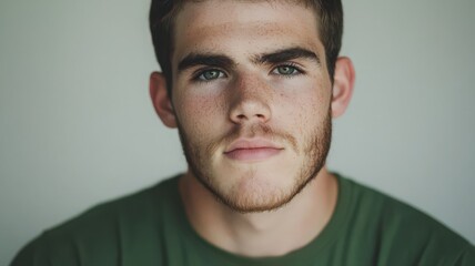 Fototapeta premium Portrait of a Young Freckled Man in a Green Shirt