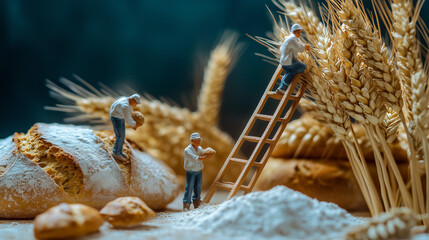 a tiny worker preparing bread with some of wheat at the back