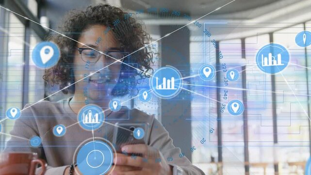 Using smartphone with animation of digital data icons, person smiling