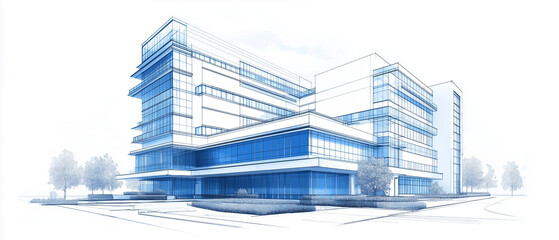 Perspective view of a modern hospital building in architectural blueprint style, rising into the sky with clean lines and a contemporary design