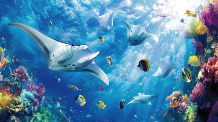 Majestic Manta Rays Grace the Vibrant Coral Reef