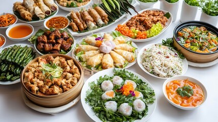 Traditional vietnamese wedding feast displaying an abundance of delicious dishes and colorful culinary delights