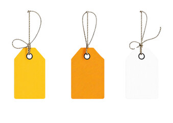 isolated transparent Background. Yellow, orange, and white price tags with strings