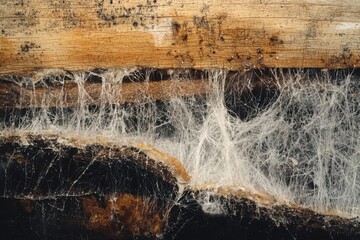 A close-up image of intricate spider webs intertwined with wood, showcasing natural textures and patterns in a rustic setting.