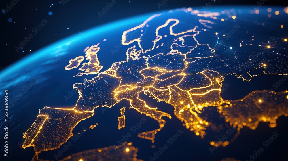 Poster a view of europe illuminated at night, showcasing cities and infrastructure against a backdrop of sp
