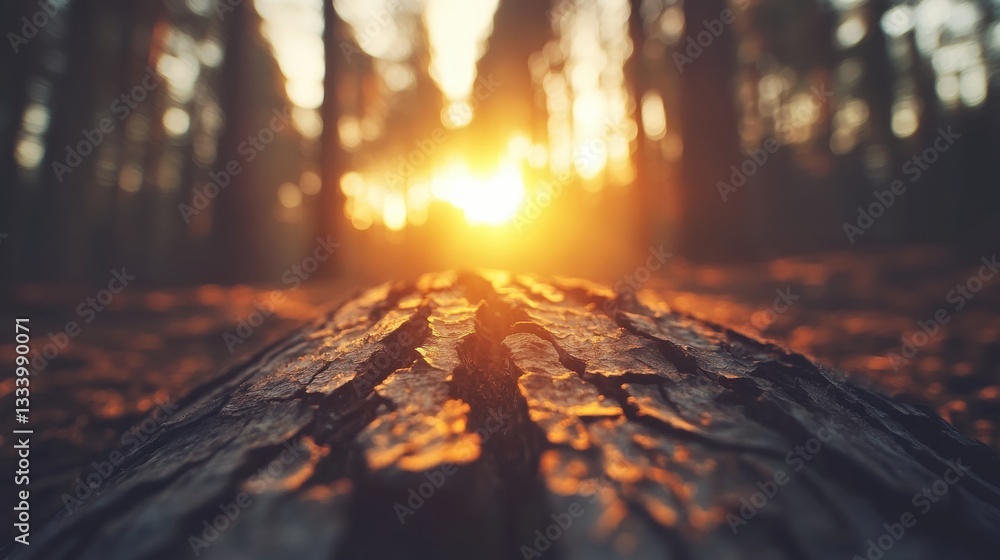 Poster sunlight filtering through trees over a fallen log in forest