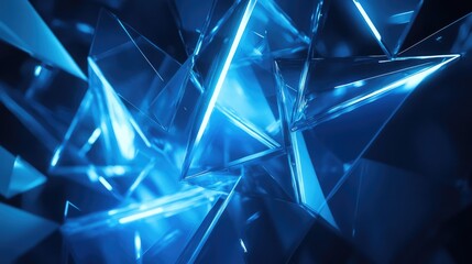 Abstract glowing blue crystal structure displaying dynamic light reflections and sharp angles in a futuristic digital background