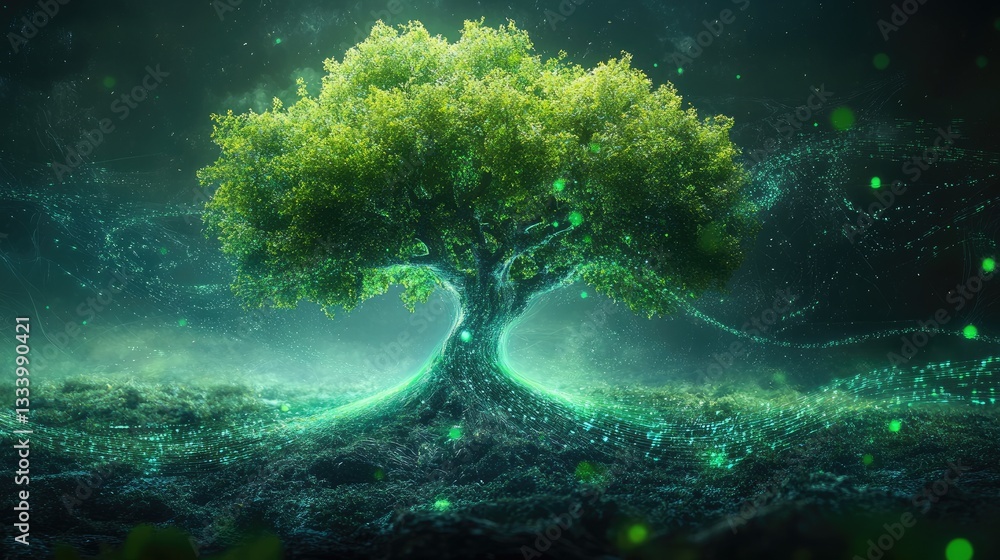 Poster majestic and luminous tree in enchanted forest with green and sparkling elements under a mysterious 