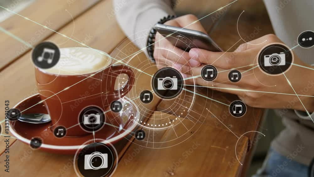 Poster using smartphone with animation digital icons, person having coffee on table