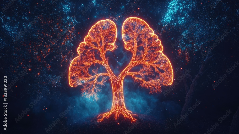 Poster vibrant tree structure with lungs design illuminated in ethereal forest atmosphere