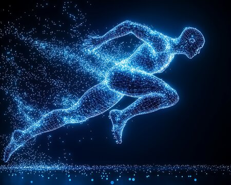 A glowing blue digital figure running at high speed on black background