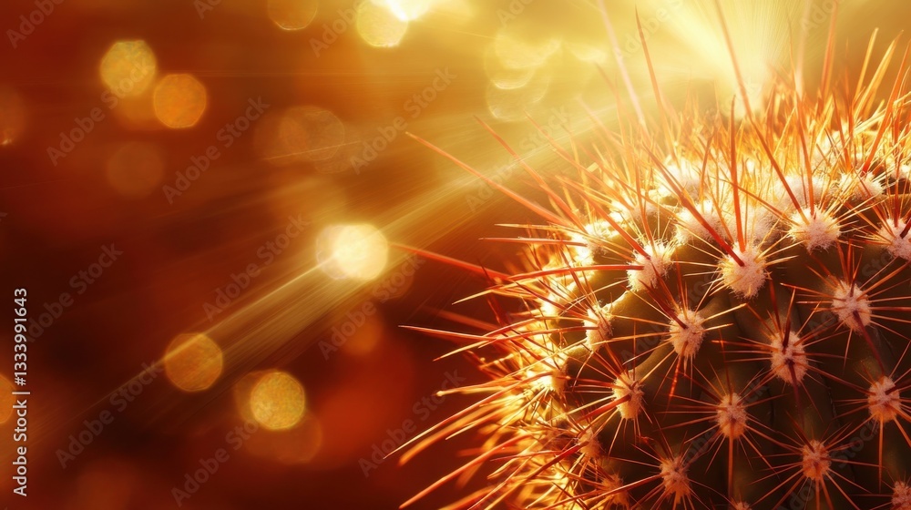 Poster sparkling cactus in warm light with glowing background bokeh effect