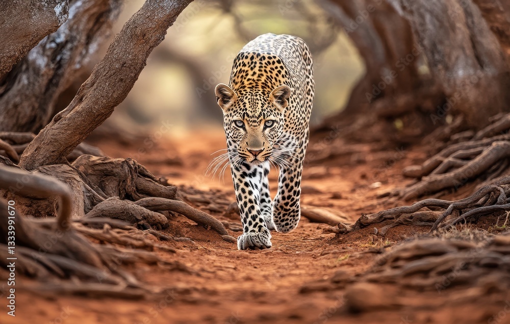 Poster majestic leopard traversing a sunlit forest path surrounded by twisted trees and exposed roots in a 