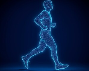 A digital wireframe graphic presents a man running with speed