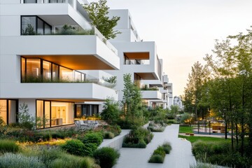 Fototapeta premium A newly constructed residential apartment complex with balconies, contemporary design elements, and a playground in the courtyard